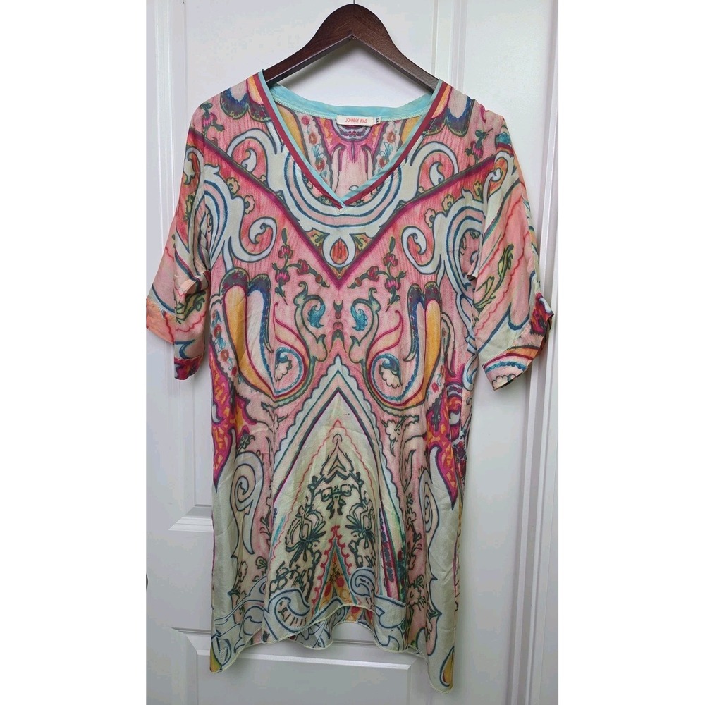 JOHNNY WAS Silk Sheer Tunic Blouse Mini Dress Chiffon Pastel Size XS *FLAWS